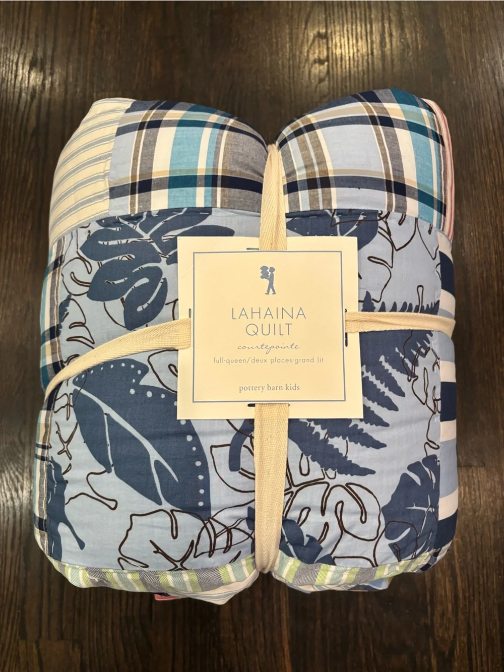 Pottery Barn Kids Blue Plaid Reversible Quilt Lahaina surfing & two shams. NWT